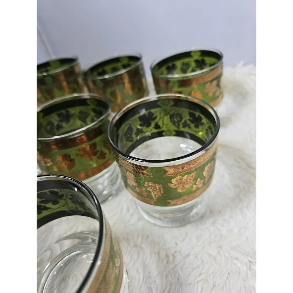 8 Cera Golden Grapes Double Old Fashioned Footed‎ Tumbler Glasses MCM Green Gold
